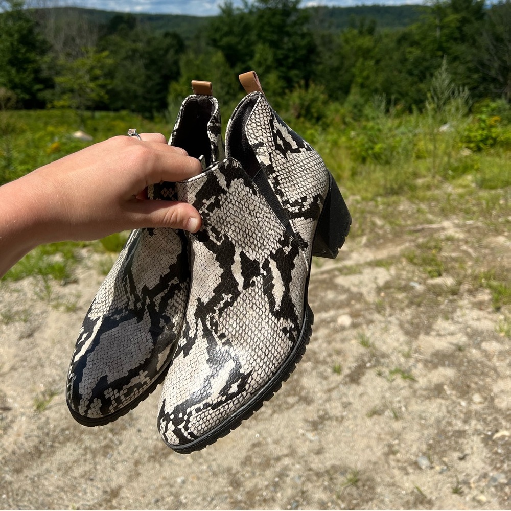 Dr. Scholl’s snakeskin booties! Only worn once. Perfect for fall.
